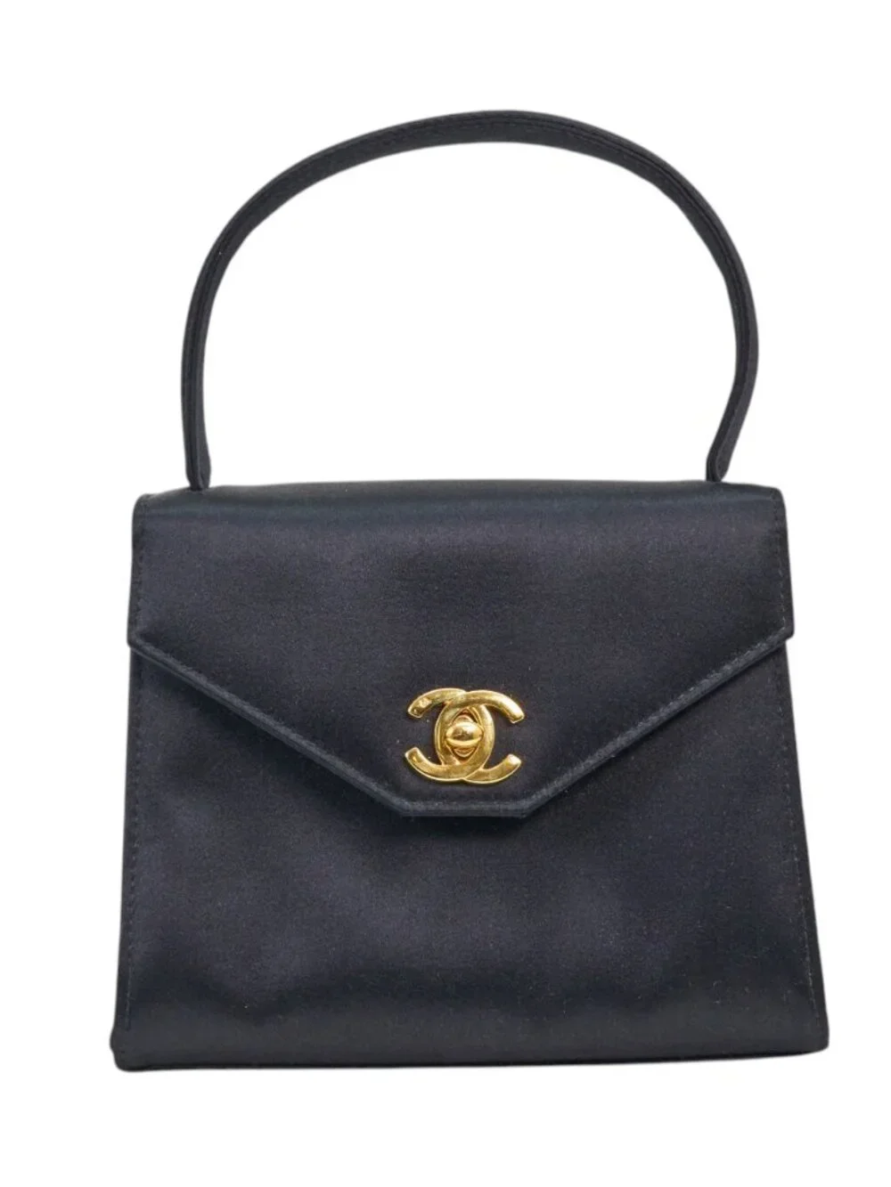 Chanel Vintage Kelly 90's Black Satin Gold Mini Evening Bag